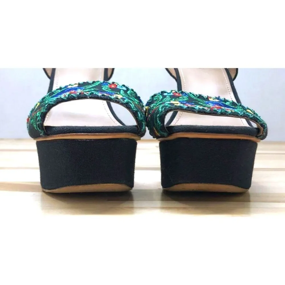 Tory Burch Sonoma Embroidered Floral Canvas Platform Wedge Sandals Ankle Strap